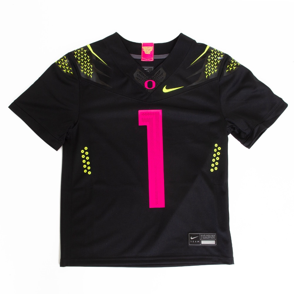 Classic Oregon O, Nike, Black, Jerseys, Kids, Youth, Football, Vapor, Breast Cancer Awareness, #1, 654026